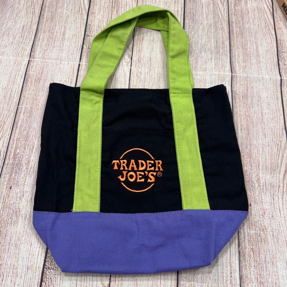 Trader Joes Mini Canvas Tote Bag Black Green Purple Reusable Shopper Pocket